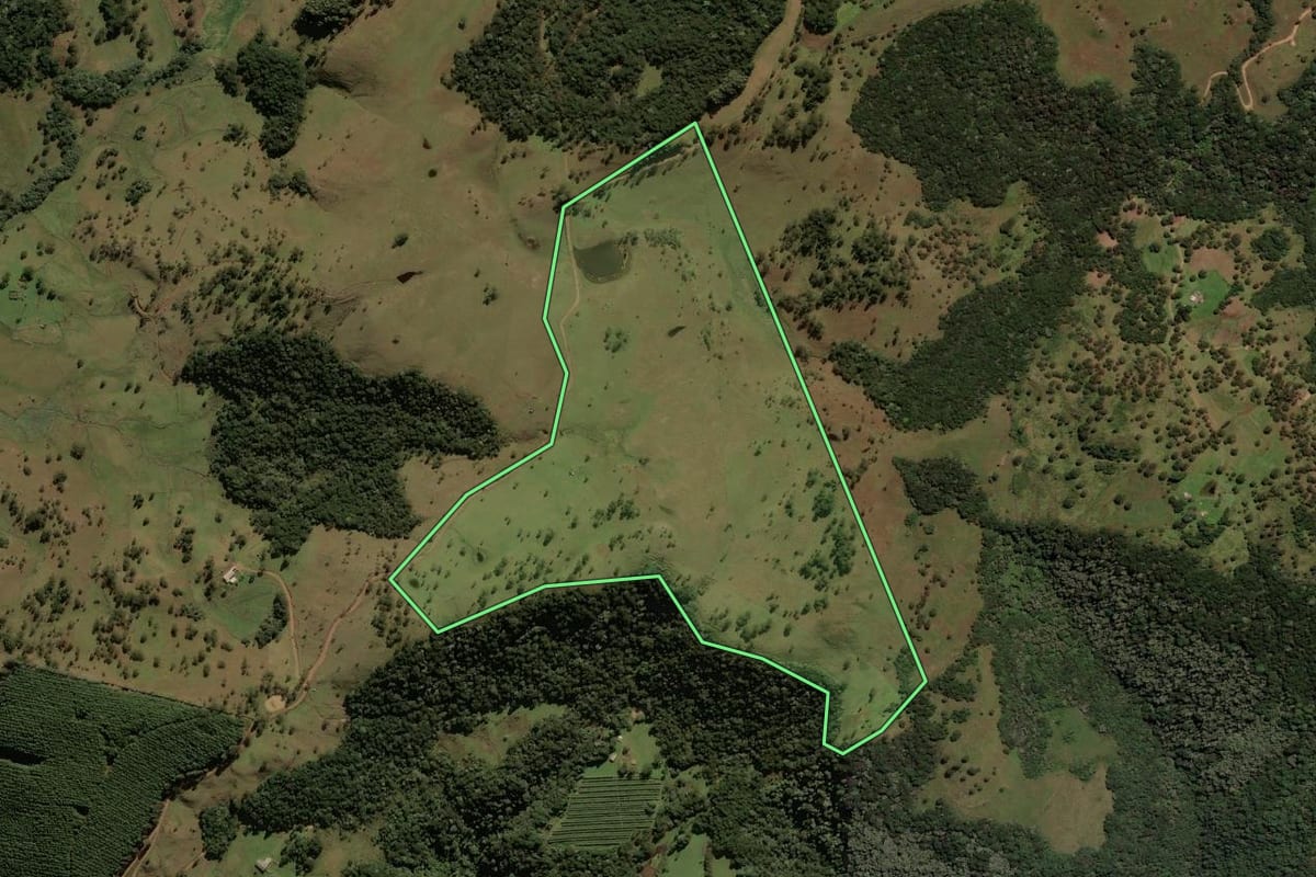 Imagem de satélite do imóvel rural em São Joaquim (SC), com o contorno declarado no CAR desenhado por cima.