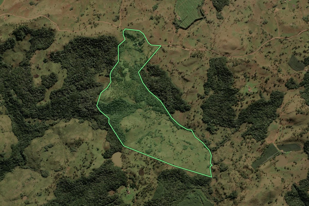 Imagem de satélite do imóvel rural em São Joaquim (SC), com o contorno declarado no CAR desenhado por cima.
