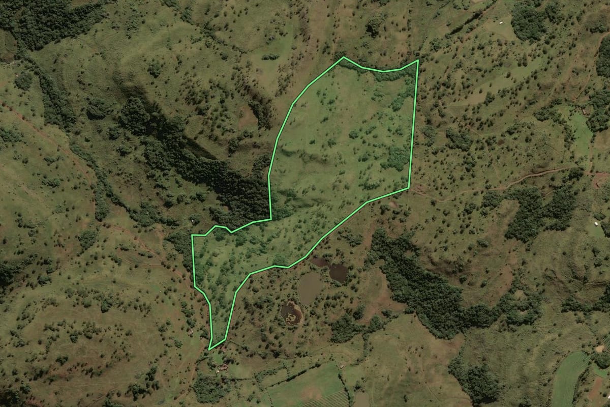 Imagem de satélite do imóvel rural em São Joaquim (SC), com o contorno declarado no CAR desenhado por cima.