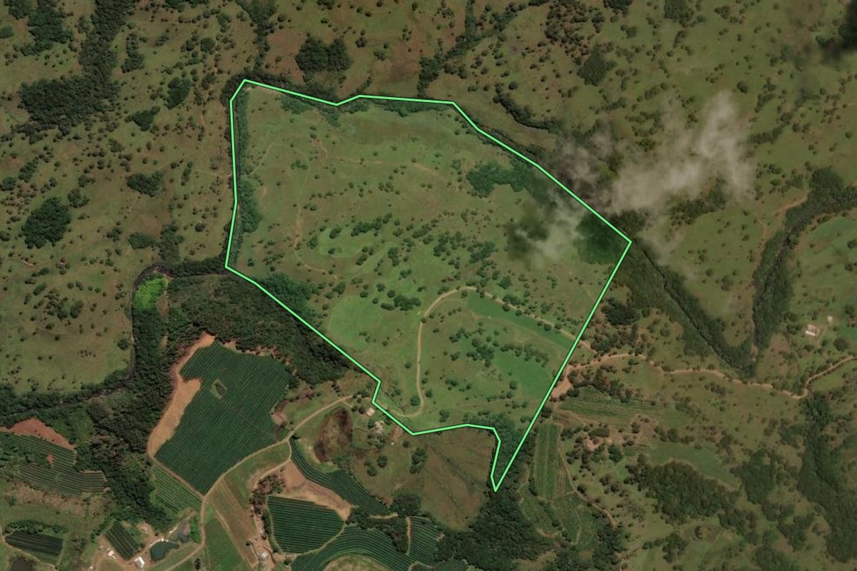 Imagem de satélite do imóvel rural em São Joaquim (SC), com o contorno declarado no CAR desenhado por cima.
