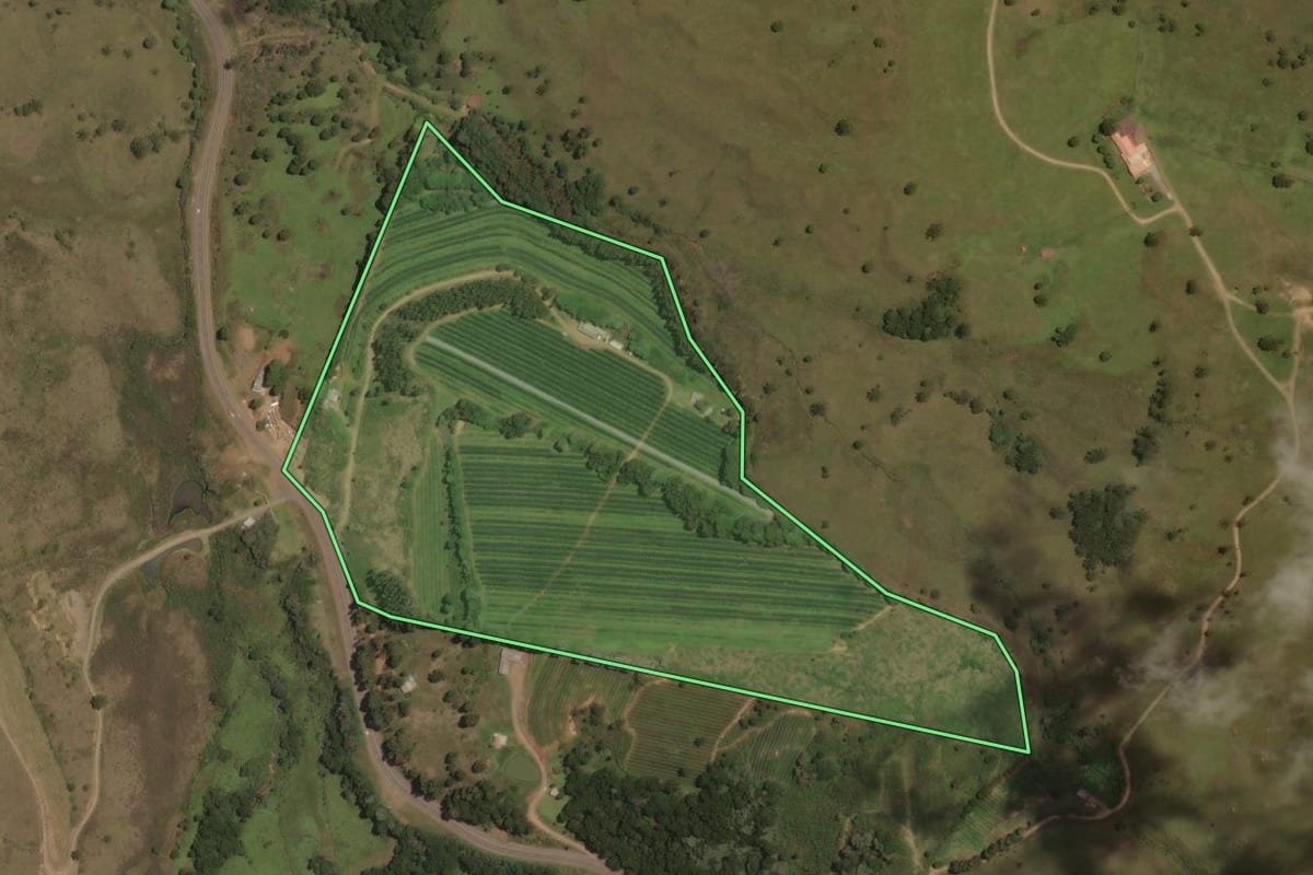 Imagem de satélite do imóvel rural em São Joaquim (SC), com o contorno declarado no CAR desenhado por cima.