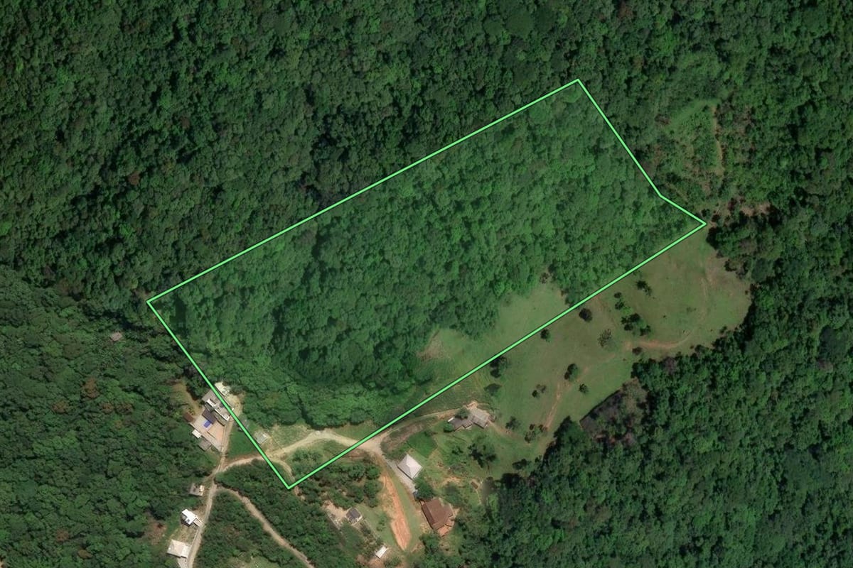 Imagem de satélite do imóvel rural em São José (SC), com o contorno declarado no CAR desenhado por cima.