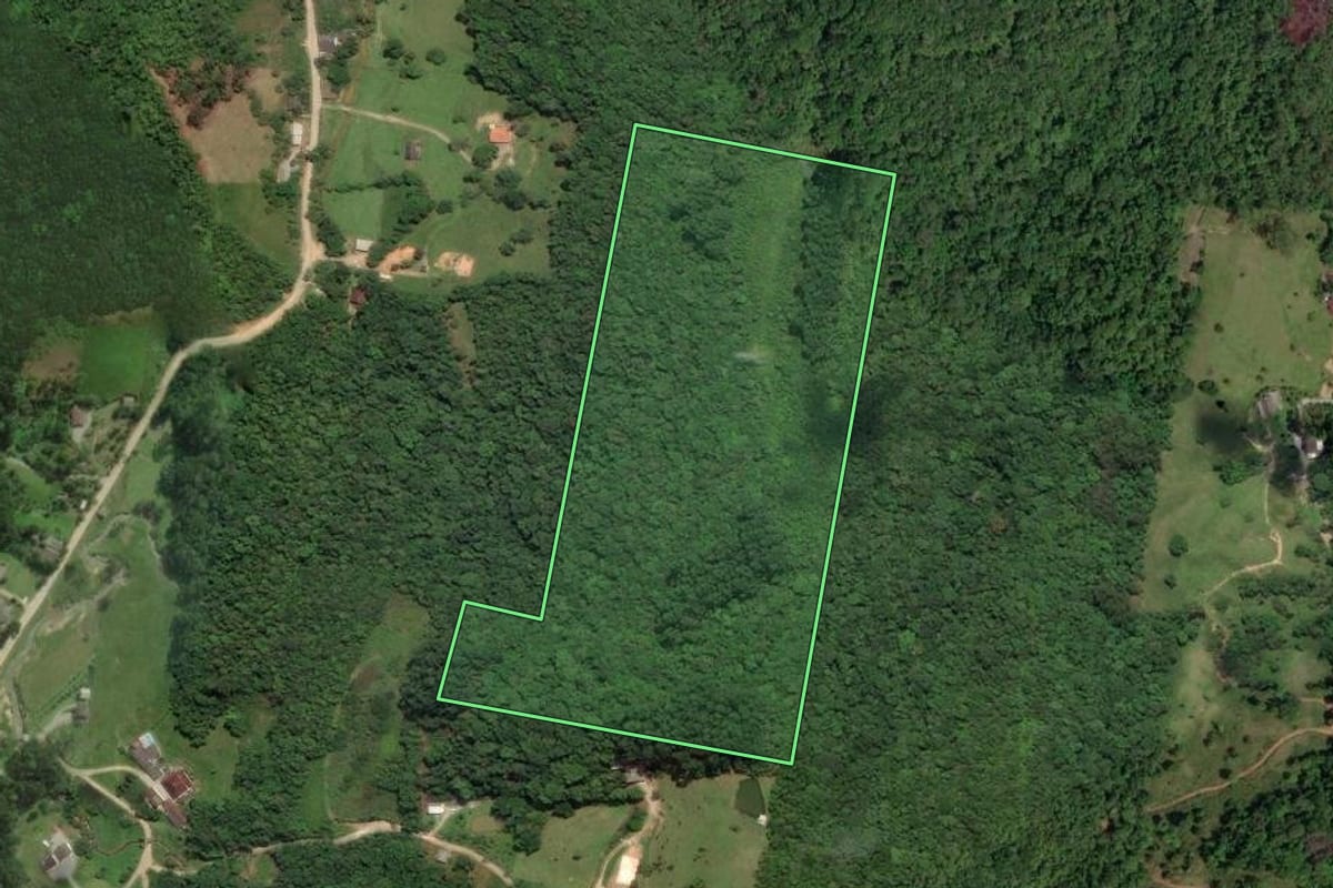 Imagem de satélite do imóvel rural em São José (SC), com o contorno declarado no CAR desenhado por cima.