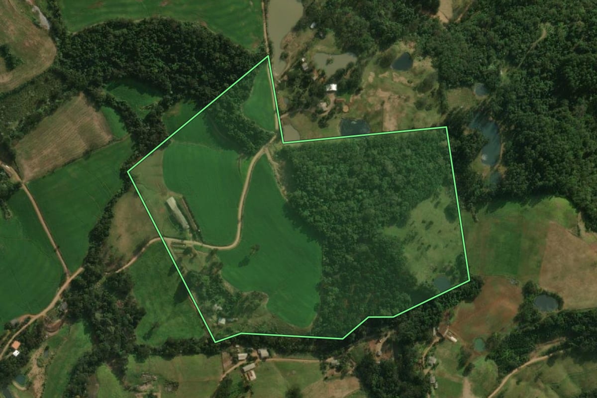 Imagem de satélite do imóvel rural em São José do Cedro (SC), com o contorno declarado no CAR desenhado por cima.