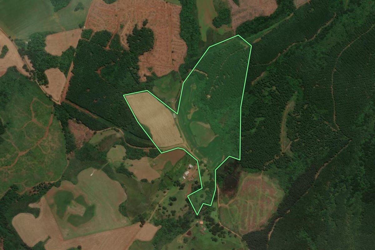 Imagem de satélite do imóvel rural em São José do Cerrito (SC), com o contorno declarado no CAR desenhado por cima.