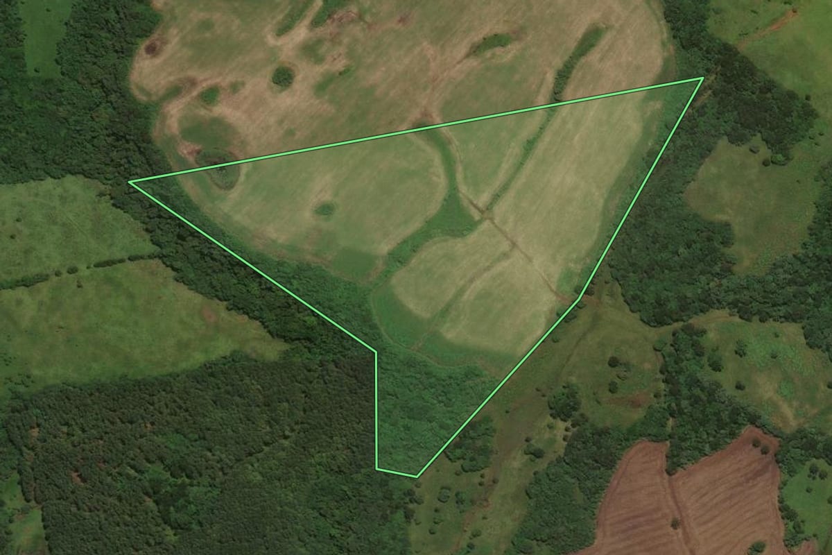 Imagem de satélite do imóvel rural em São José do Cerrito (SC), com o contorno declarado no CAR desenhado por cima.