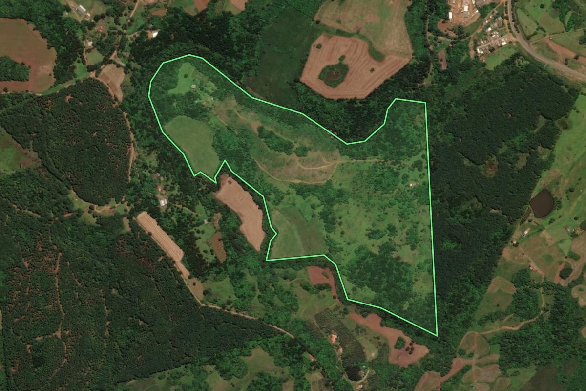 Imagem de satélite do imóvel rural em São José do Cerrito (SC), com o contorno declarado no CAR desenhado por cima.
