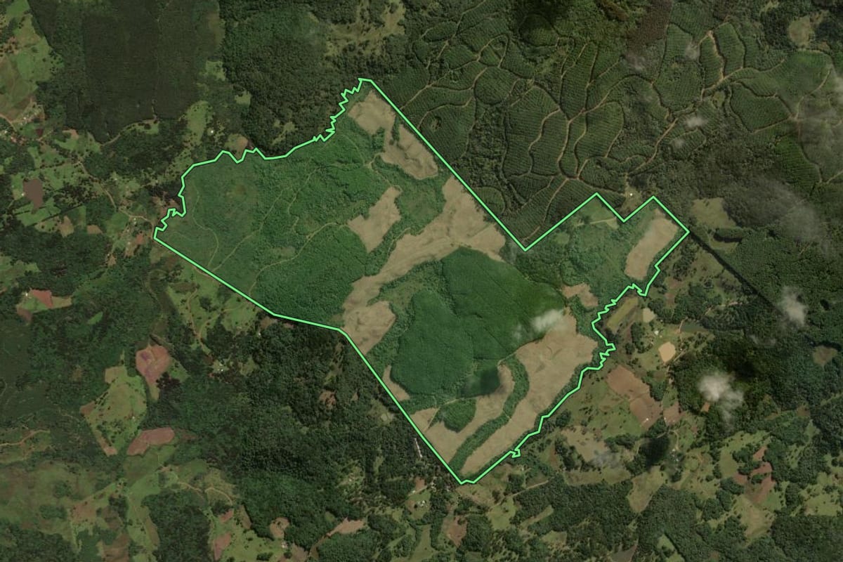 Imagem de satélite do imóvel rural em São José do Cerrito (SC), com o contorno declarado no CAR desenhado por cima.
