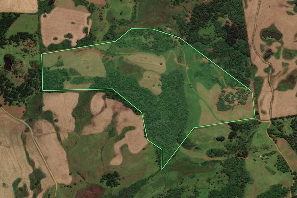 Imagem de satélite do imóvel rural em São José do Cerrito (SC), com o contorno declarado no CAR desenhado por cima.