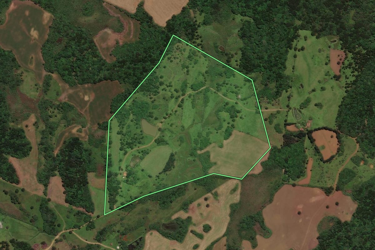 Imagem de satélite do imóvel rural em São José do Cerrito (SC), com o contorno declarado no CAR desenhado por cima.