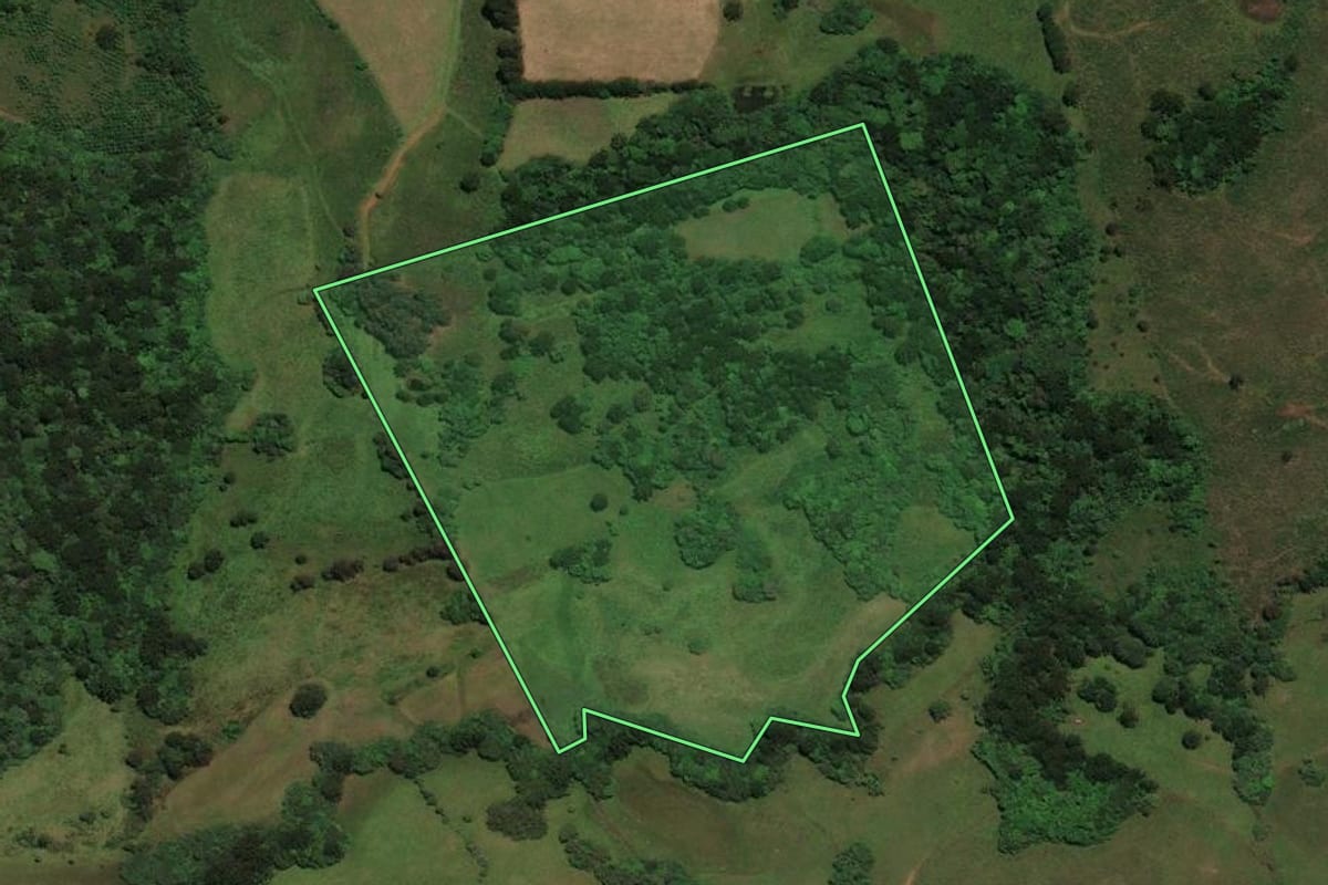 Imagem de satélite do imóvel rural em São José do Cerrito (SC), com o contorno declarado no CAR desenhado por cima.