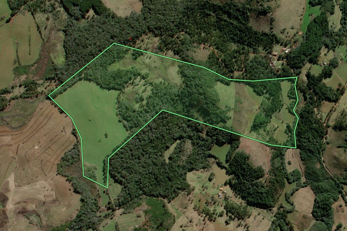 Imagem de satélite do imóvel rural em São José do Cerrito (SC), com o contorno declarado no CAR desenhado por cima.