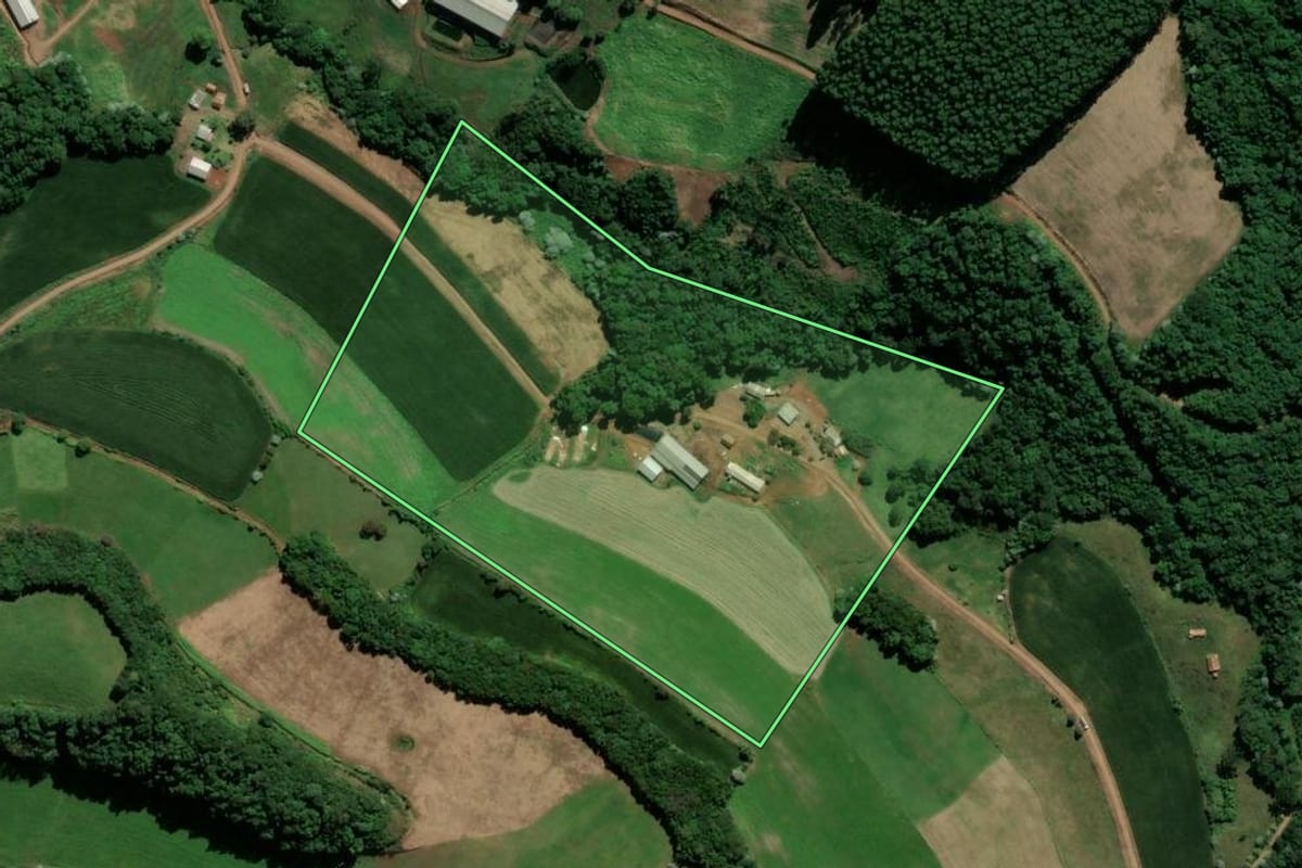 Imagem de satélite do imóvel rural em São Lourenço do Oeste (SC), com o contorno declarado no CAR desenhado por cima.