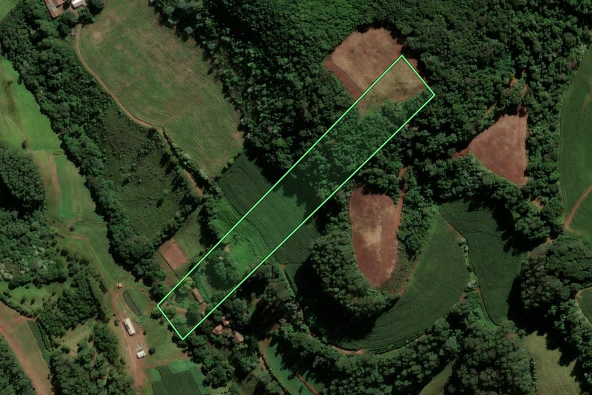 Imagem de satélite do imóvel rural em São Lourenço do Oeste (SC), com o contorno declarado no CAR desenhado por cima.