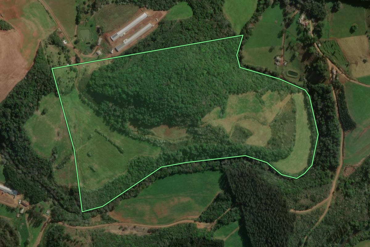 Imagem de satélite do imóvel rural em São Lourenço do Oeste (SC), com o contorno declarado no CAR desenhado por cima.
