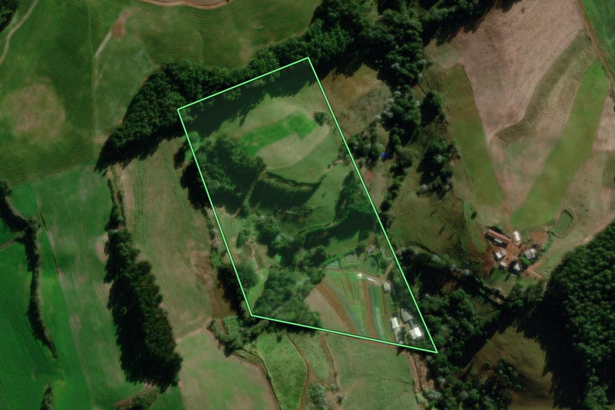 Imagem de satélite do imóvel rural em São Lourenço do Oeste (SC), com o contorno declarado no CAR desenhado por cima.