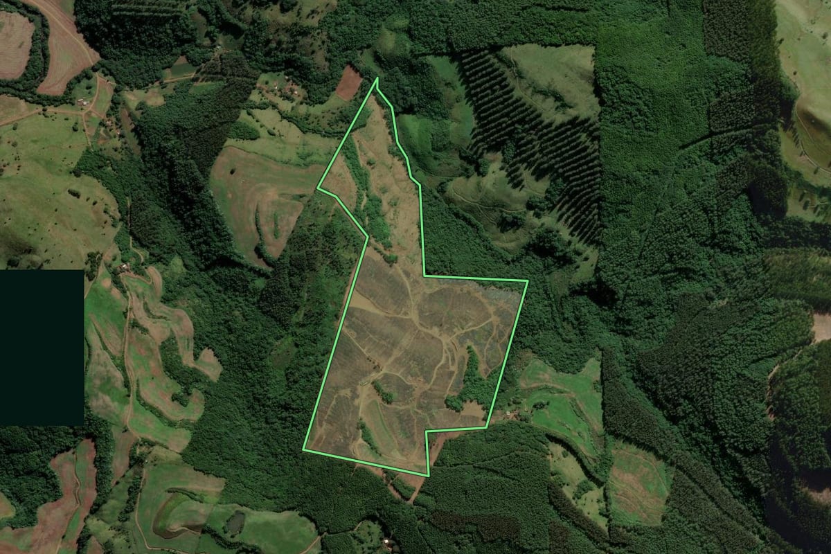 Imagem de satélite do imóvel rural em São Lourenço do Oeste (SC), com o contorno declarado no CAR desenhado por cima.