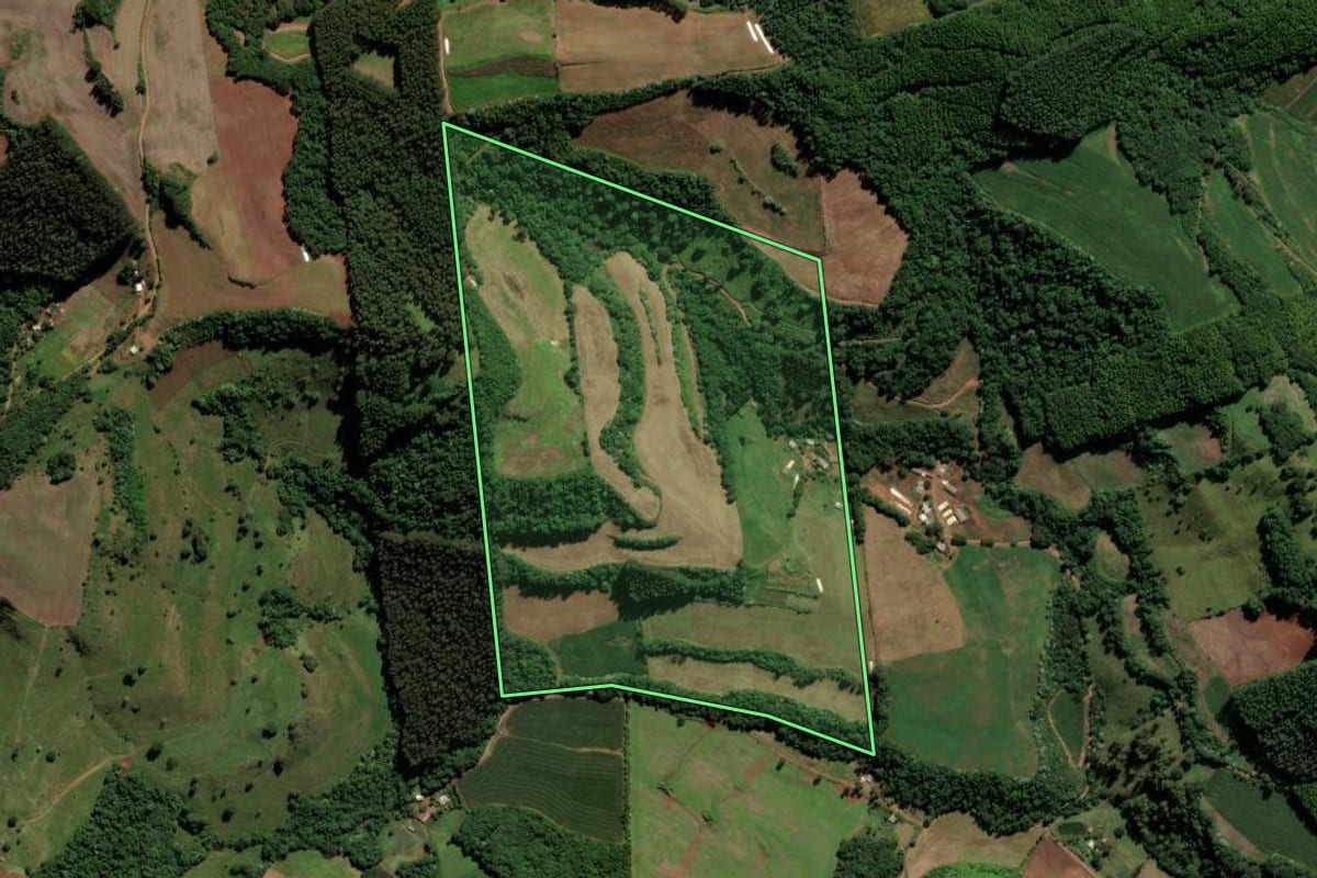 Imagem de satélite do imóvel rural em São Lourenço do Oeste (SC), com o contorno declarado no CAR desenhado por cima.