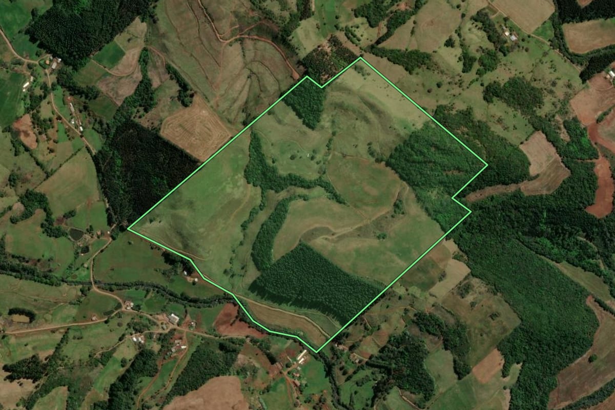 Imagem de satélite do imóvel rural em São Lourenço do Oeste (SC), com o contorno declarado no CAR desenhado por cima.