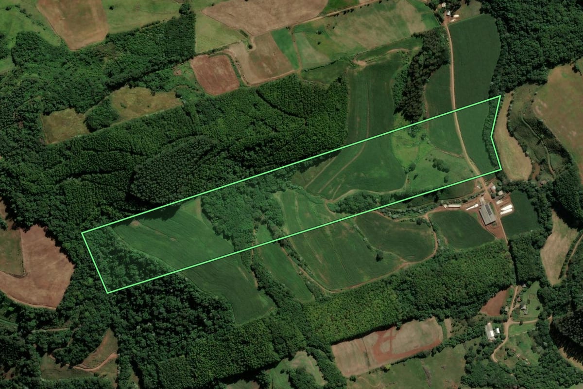 Imagem de satélite do imóvel rural em São Lourenço do Oeste (SC), com o contorno declarado no CAR desenhado por cima.