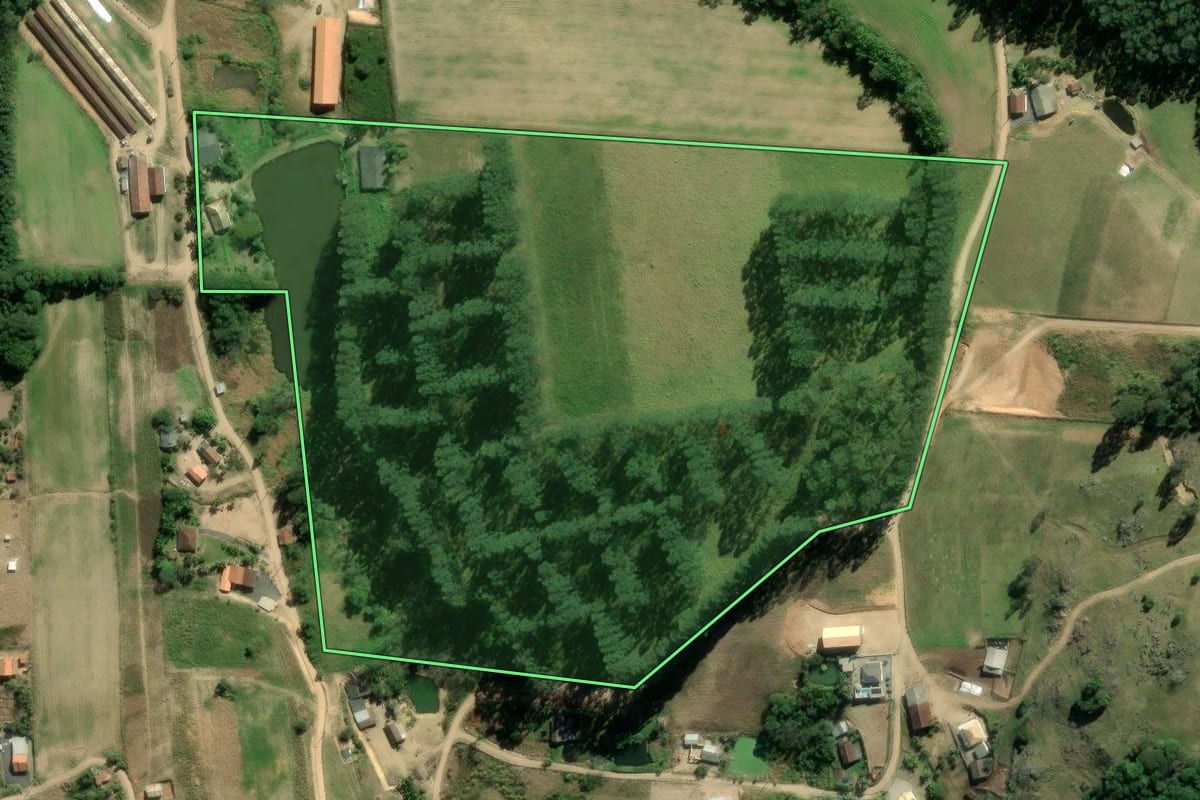 Imagem de satélite do imóvel rural em São Ludgero (SC), com o contorno declarado no CAR desenhado por cima.