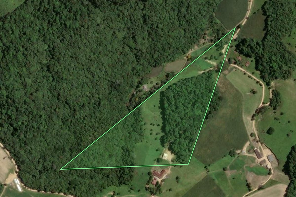 Imagem de satélite do imóvel rural em São Martinho (SC), com o contorno declarado no CAR desenhado por cima.