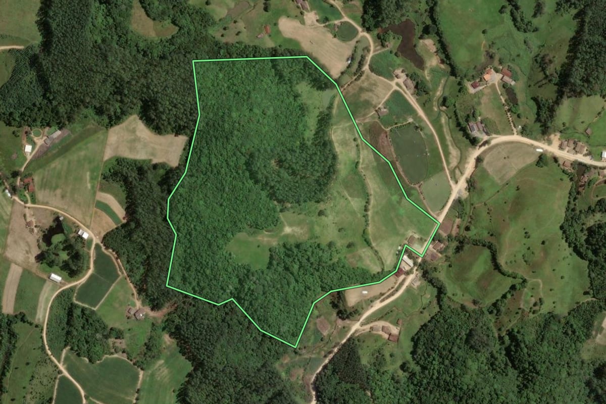 Imagem de satélite do imóvel rural em São Martinho (SC), com o contorno declarado no CAR desenhado por cima.