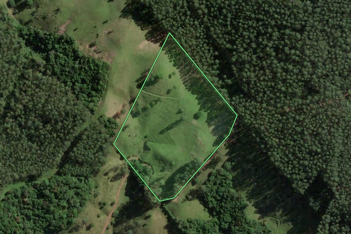 Imagem de satélite do imóvel rural em São Martinho (SC), com o contorno declarado no CAR desenhado por cima.