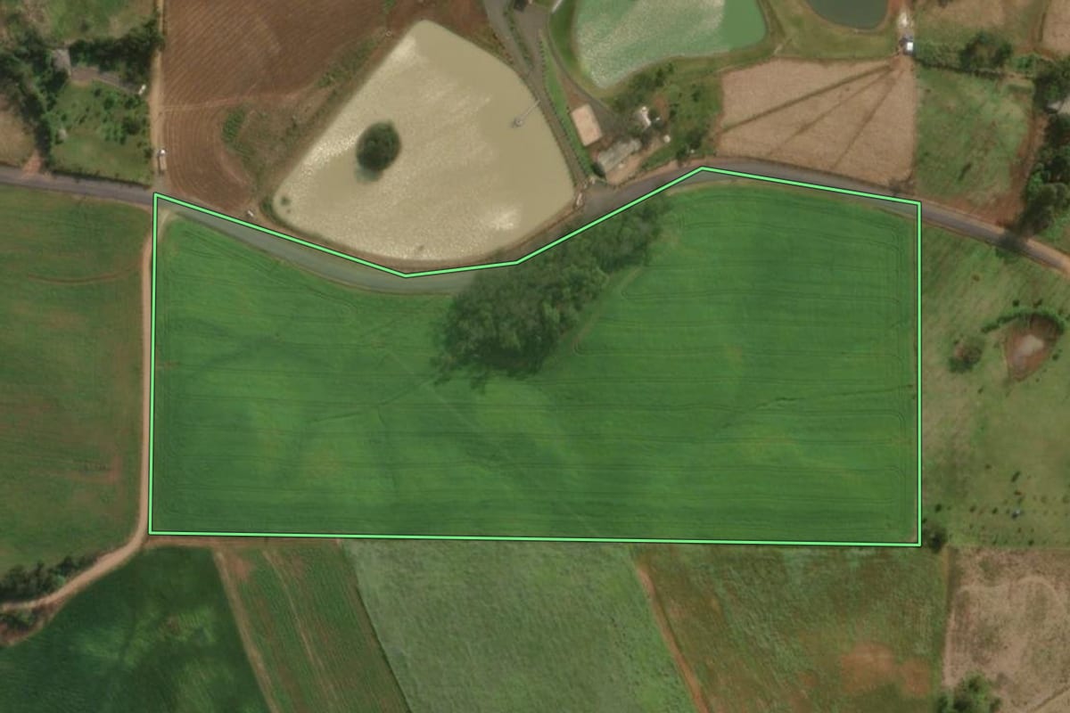 Imagem de satélite do imóvel rural em São Miguel do Oeste (SC), com o contorno declarado no CAR desenhado por cima.