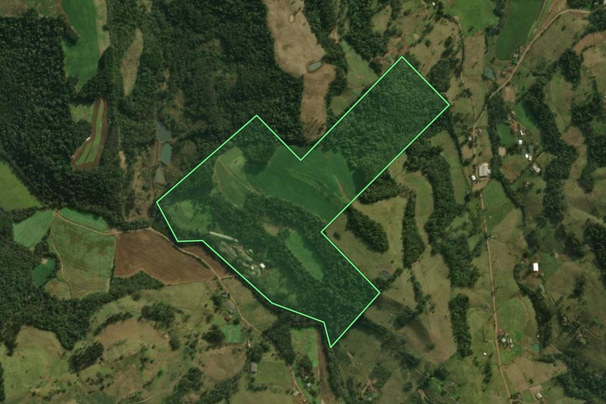 Imagem de satélite do imóvel rural em São Miguel do Oeste (SC), com o contorno declarado no CAR desenhado por cima.