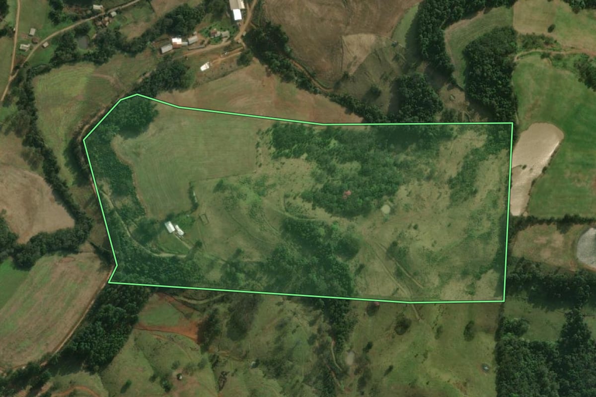 Imagem de satélite do imóvel rural em São Miguel do Oeste (SC), com o contorno declarado no CAR desenhado por cima.