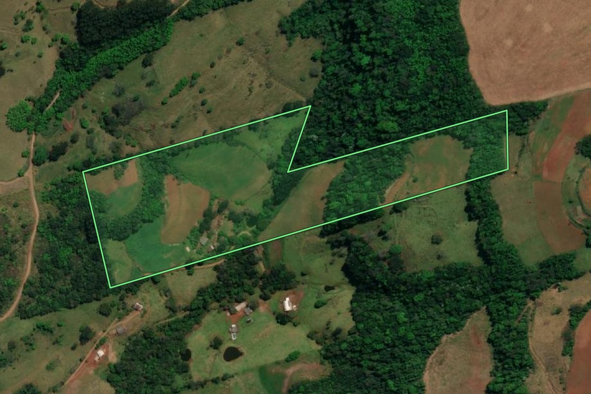 Imagem de satélite do imóvel rural em São Miguel do Oeste (SC), com o contorno declarado no CAR desenhado por cima.