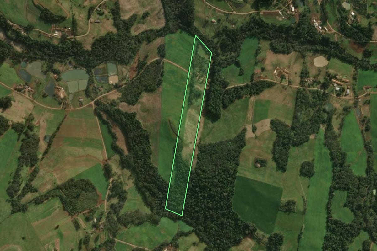 Imagem de satélite do imóvel rural em São Miguel do Oeste (SC), com o contorno declarado no CAR desenhado por cima.