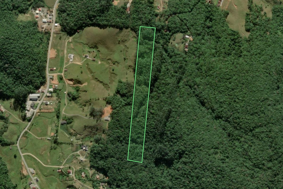 Imagem de satélite do imóvel rural em São Pedro de Alcântara (SC), com o contorno declarado no CAR desenhado por cima.