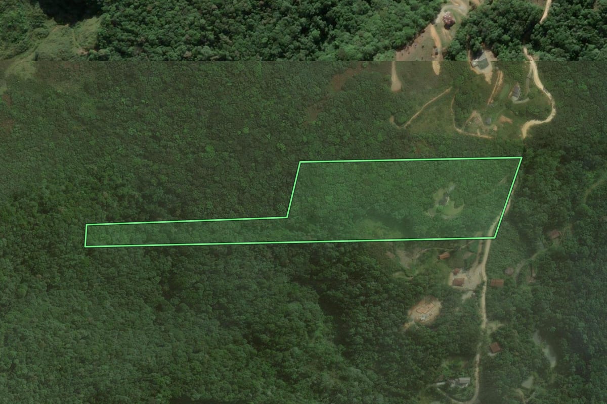 Imagem de satélite do imóvel rural em São Pedro de Alcântara (SC), com o contorno declarado no CAR desenhado por cima.