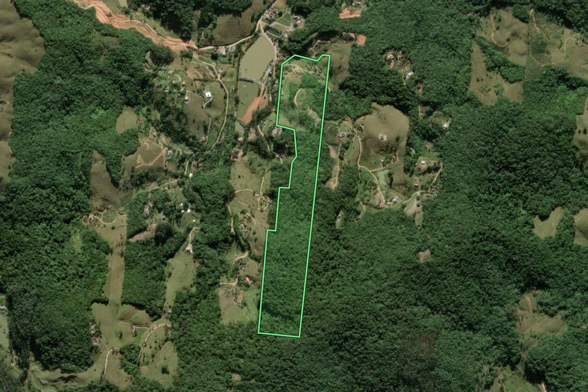 Imagem de satélite do imóvel rural em São Pedro de Alcântara (SC), com o contorno declarado no CAR desenhado por cima.