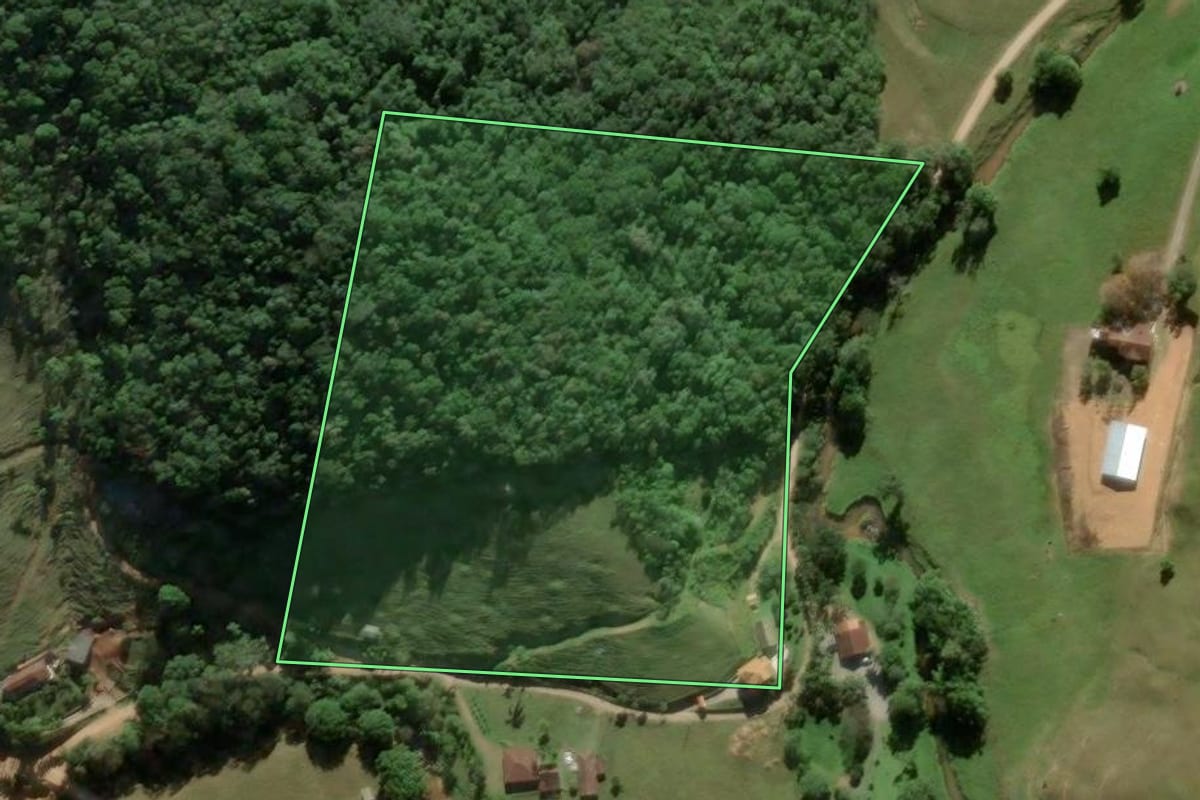 Imagem de satélite do imóvel rural em São Pedro de Alcântara (SC), com o contorno declarado no CAR desenhado por cima.