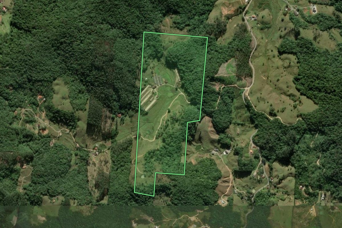 Imagem de satélite do imóvel rural em São Pedro de Alcântara (SC), com o contorno declarado no CAR desenhado por cima.