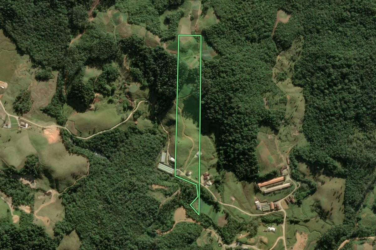 Imagem de satélite do imóvel rural em São Pedro de Alcântara (SC), com o contorno declarado no CAR desenhado por cima.