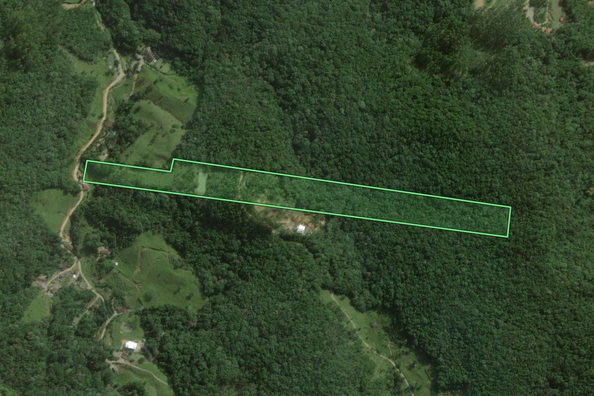 Imagem de satélite do imóvel rural em São Pedro de Alcântara (SC), com o contorno declarado no CAR desenhado por cima.