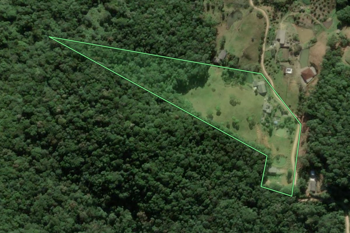 Imagem de satélite do imóvel rural em São Pedro de Alcântara (SC), com o contorno declarado no CAR desenhado por cima.