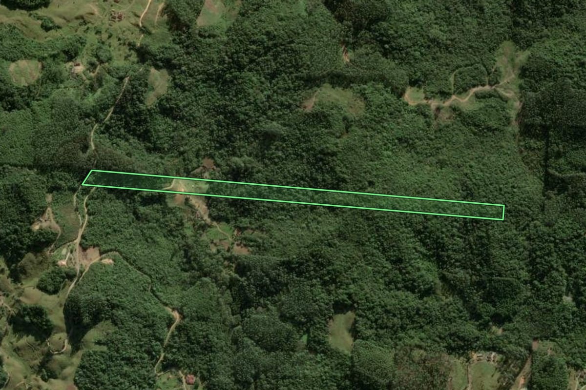 Imagem de satélite do imóvel rural em São Pedro de Alcântara (SC), com o contorno declarado no CAR desenhado por cima.
