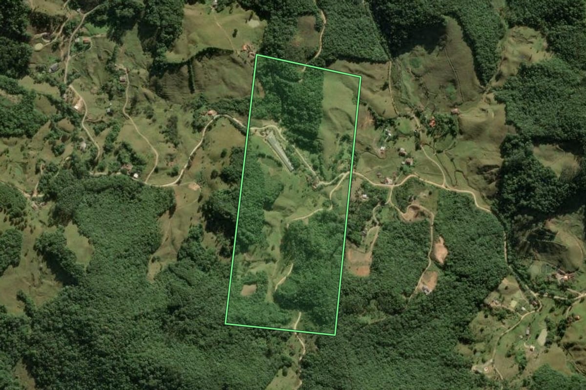 Imagem de satélite do imóvel rural em São Pedro de Alcântara (SC), com o contorno declarado no CAR desenhado por cima.