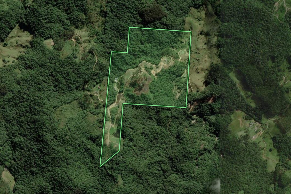 Imagem de satélite do imóvel rural em São Pedro de Alcântara (SC), com o contorno declarado no CAR desenhado por cima.