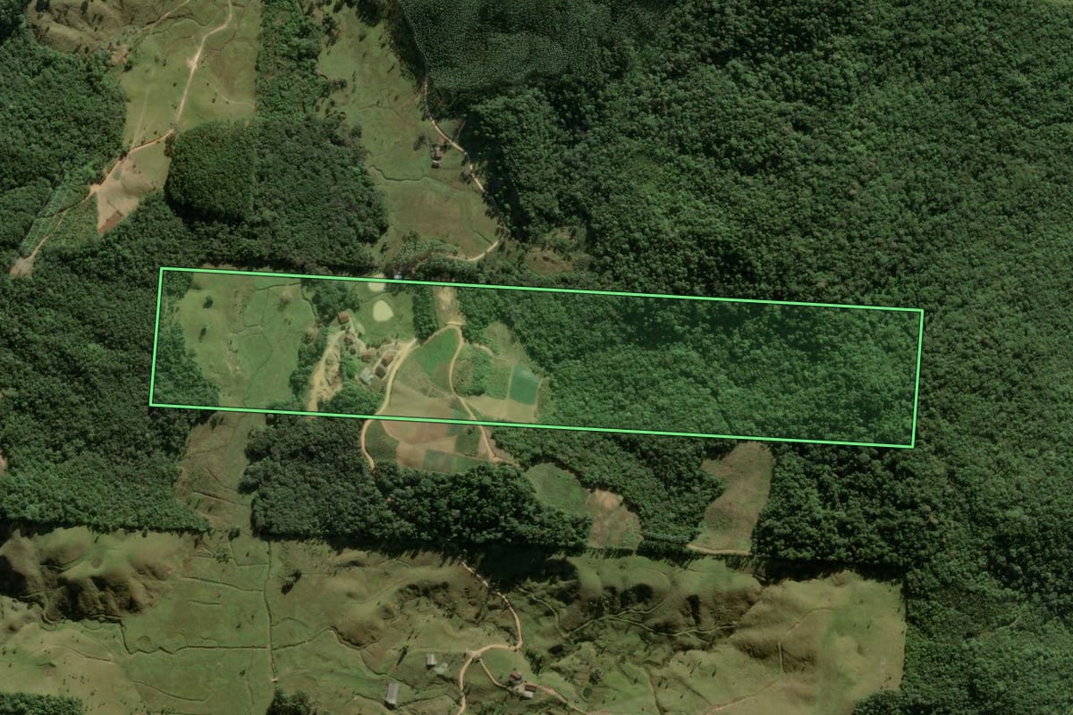 Imagem de satélite do imóvel rural em São Pedro de Alcântara (SC), com o contorno declarado no CAR desenhado por cima.