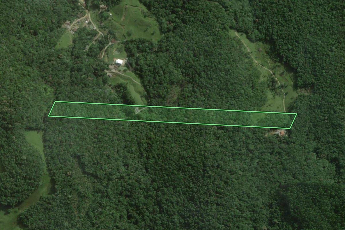 Imagem de satélite do imóvel rural em São Pedro de Alcântara (SC), com o contorno declarado no CAR desenhado por cima.