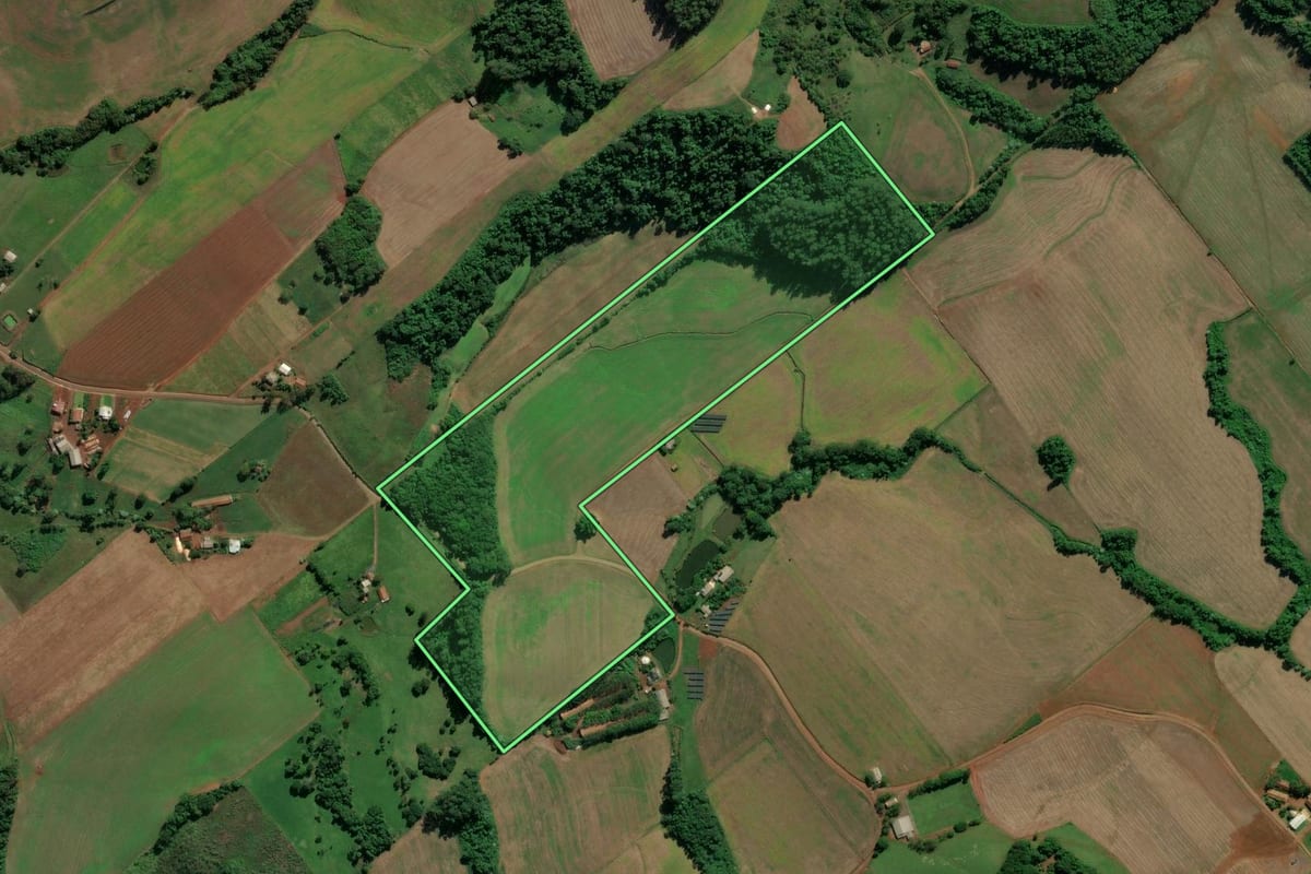 Imagem de satélite do imóvel rural em Saudades (SC), com o contorno declarado no CAR desenhado por cima.