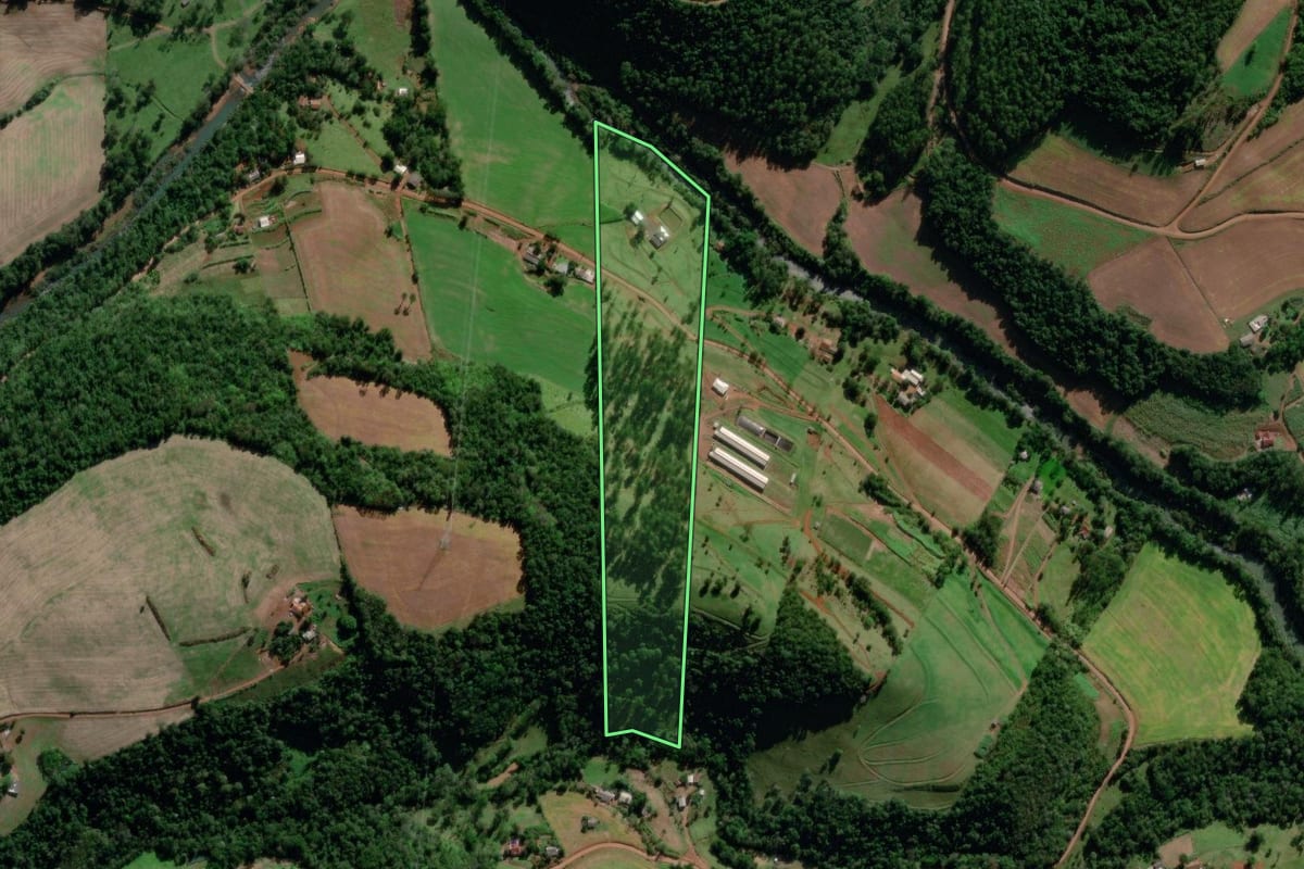 Imagem de satélite do imóvel rural em Saudades (SC), com o contorno declarado no CAR desenhado por cima.