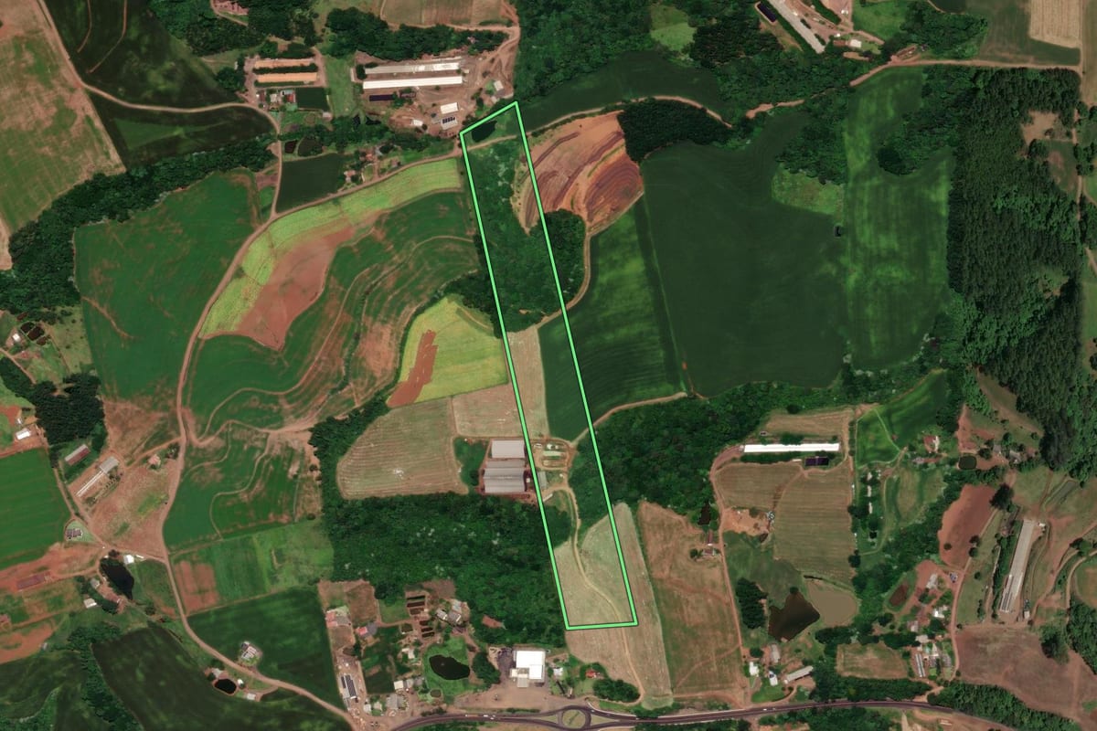 Imagem de satélite do imóvel rural em Saudades (SC), com o contorno declarado no CAR desenhado por cima.