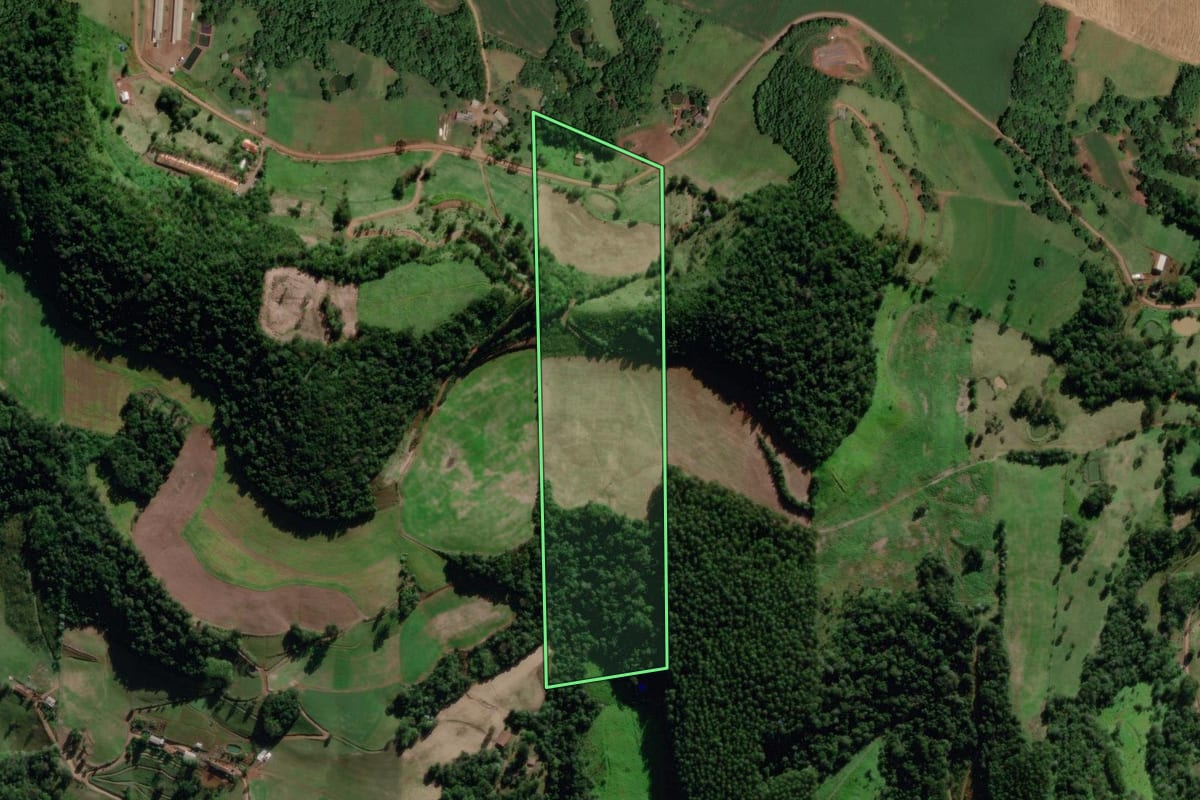 Imagem de satélite do imóvel rural em Saudades (SC), com o contorno declarado no CAR desenhado por cima.